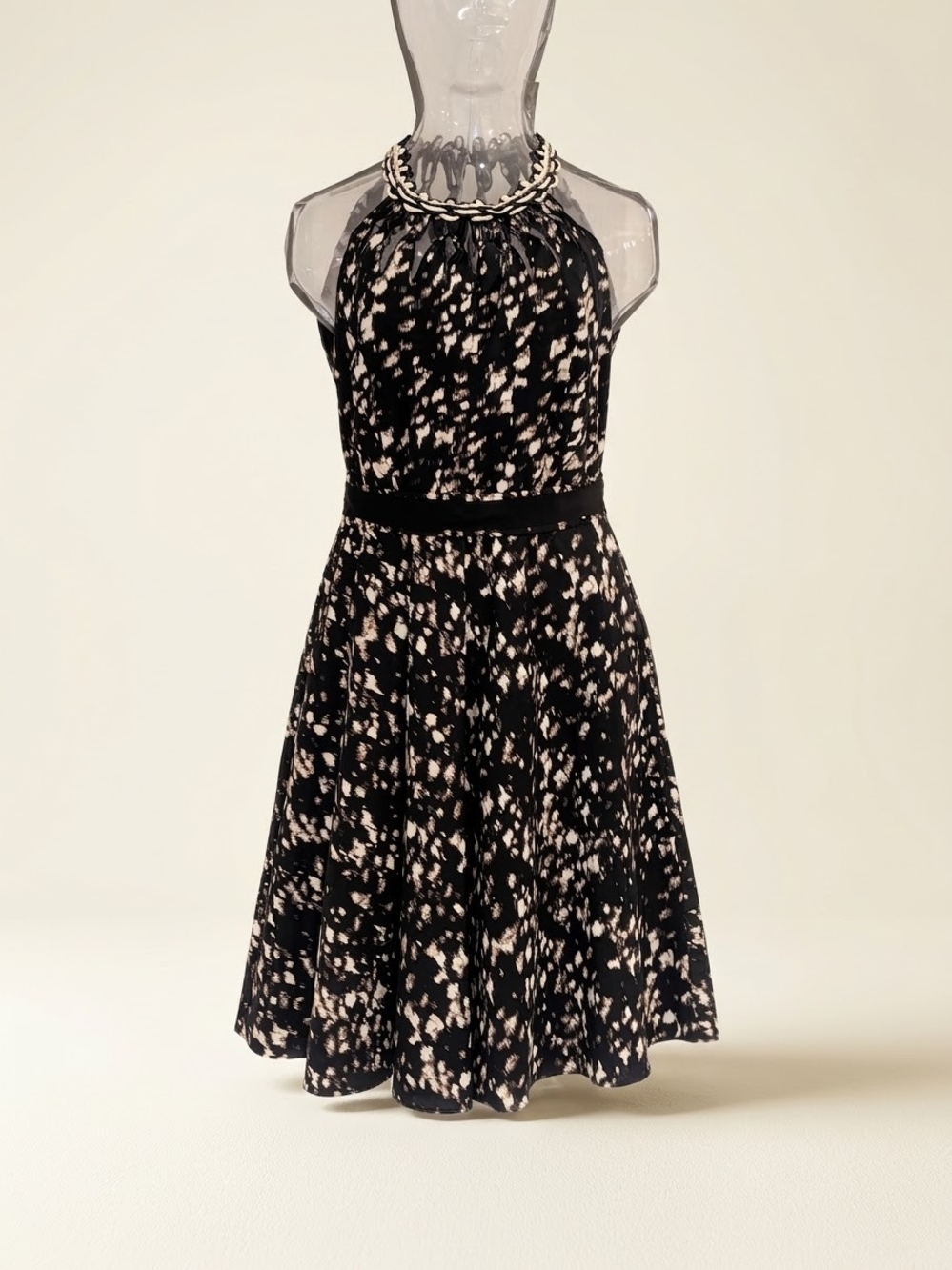 Elie Tahari Black and Cream Halter Fit-and-Flare Dress